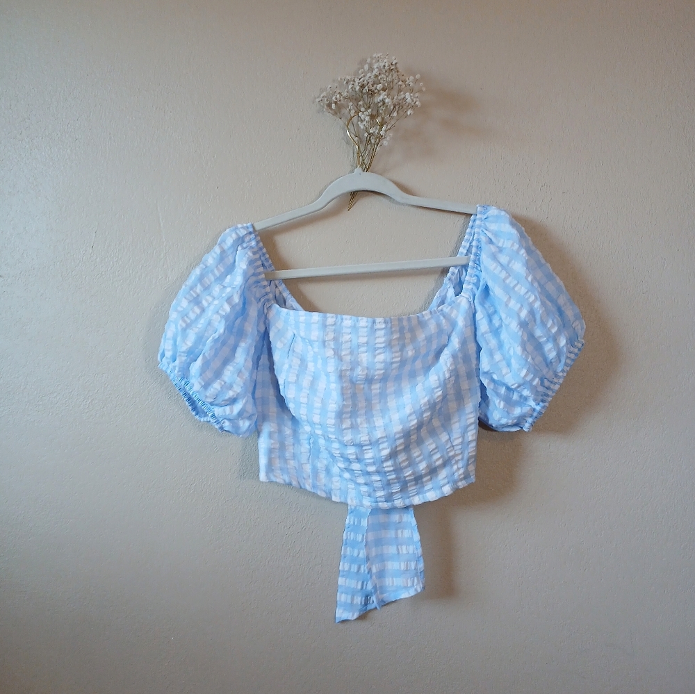 SHEIN | Gingham Tie Detail Blue and White Puff Sleeve CropTop | Size XL